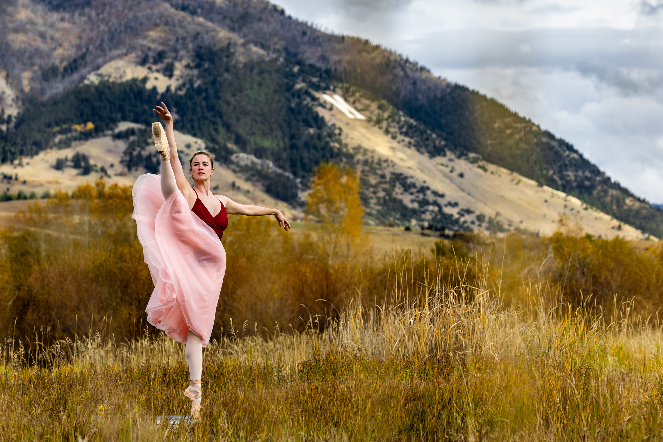 Montana Ballet Company dancer in a pink tutu performing an arabesque in a golden autumn field with Montana mountains in the background